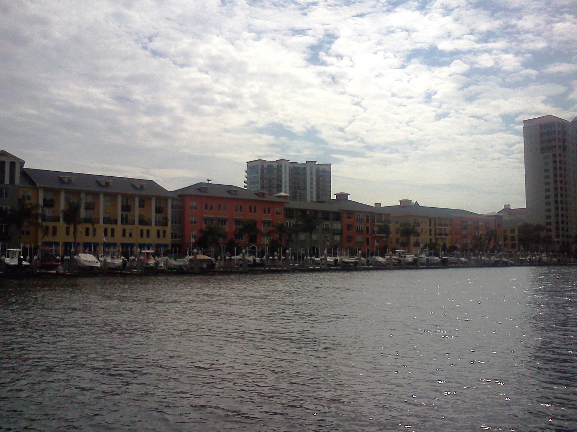 Colorful waterfront townhouses and a marina full of boats on Harbour Island, Tampa, with towers behind
