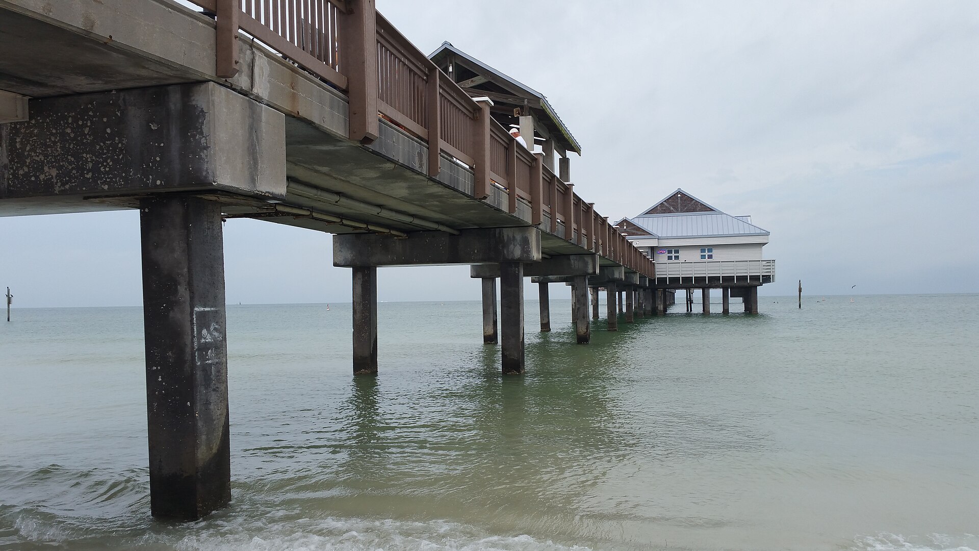 Pier 60 at Clearwater Beach seen from the waterline, its concrete piles and timber railings running out over shallow green Gulf water toward a low bait shop building at the end