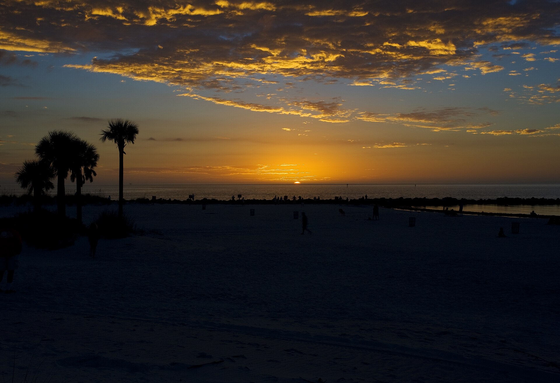 The sun setting into a calm Gulf of Mexico from Clearwater Beach, with palm trees silhouetted on the left, a rock jetty and people standing along the water's edge